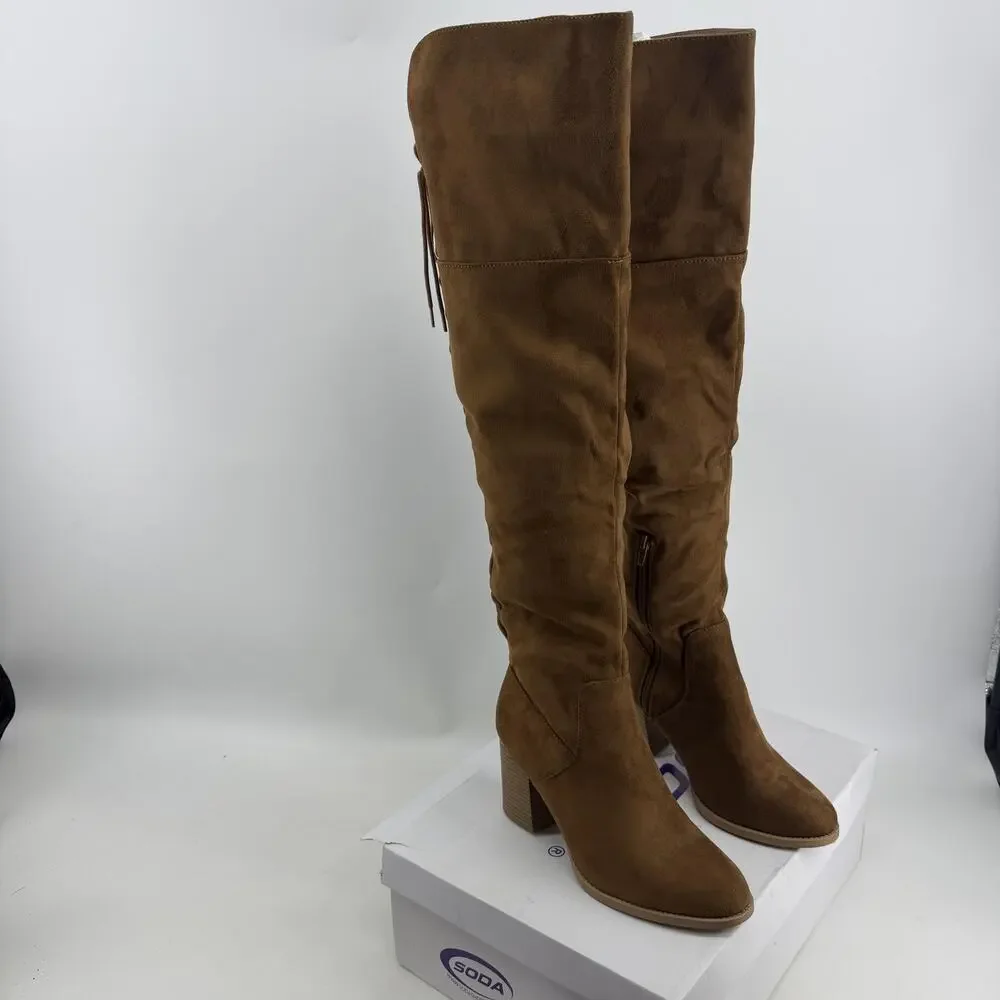 Soda Over The Knee Riding Boots Womens 8.5 Chestnut Faux Suede Lace Up Aspire-S
